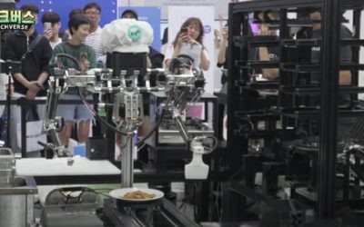 Robotics lab RoMeLa unveils a fully automated cooking robot YORI with live cooking demonstrations at the 2023 Global Food-Tech Conference in Seoul, Korea, July 26, 2023.
