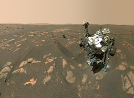 The rover looking down at the Ingenuity helicopter (Image Credit: NASA/JPL-Caltech/MSSS).