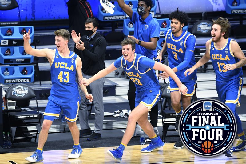 UCLA Bruins celebrate the win over Alabama Crimson Tide during the Sweet Sixteen round of the 2021 NCAA Tournament on Sunday, March 28, 2021, at Hinkle Fieldhouse in Indianapolis, Ind. UCLA won the overtime game 88-78. Sam Owens/IndyStar via USA TODAY Sports.