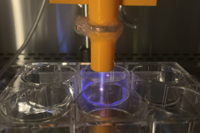 Cold atmospheric plasma device treating metal samples in a six-well plate. The glowing is due to the presence of excited air molecules, not to higher temperatures. (Wirz Research Group/UCLA.)
