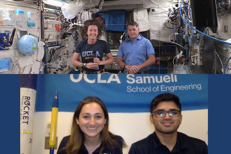 SpaceX Crew-2 mission pilot Megan McArthur ’93 and mission commander Shane “Kim” Kimbrough aboard the International Space Station (top) and Anneliese Peterson and Anil Nair at UCLA’s Laser Spectroscopy and Gas Dynamics Laboratory (bottom).