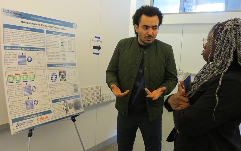 Amin Farzaneh, standing, and presenting "Metamaterial with Fluctuating Poisson's Ratios"