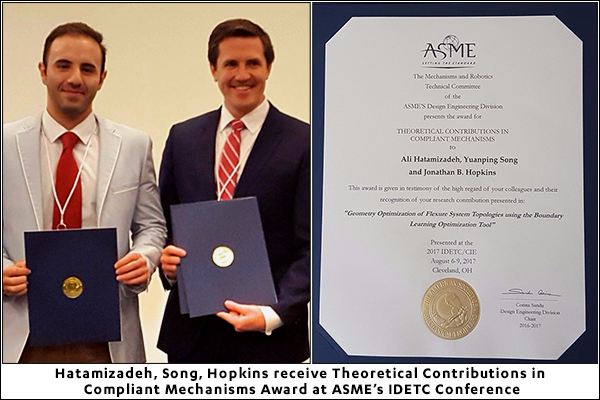 Hatamizadeh, Song, Hopkins receive Theoretical Contributions in Compliant Mechanisms Award at ASME’s IDETC Conference