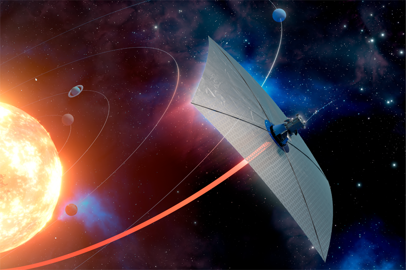 Illustration of a solar sail-propelled spacecraft leaving the solar system after a slingshot maneuver. Artur Davoyan and Ella Maru Studio.
