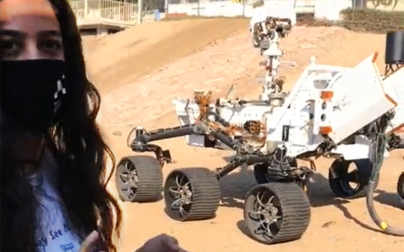 Anias Zarifian with JPL NASA Mars Rover at testing ground.